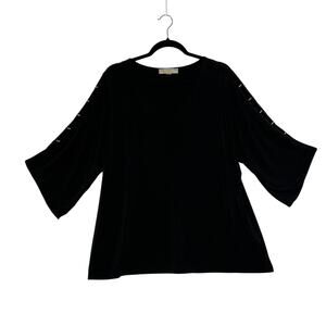 MICHAEL KORS Blouse Womens 1X Black Gold Bar Hardware Slit Sleeve V Neck Top